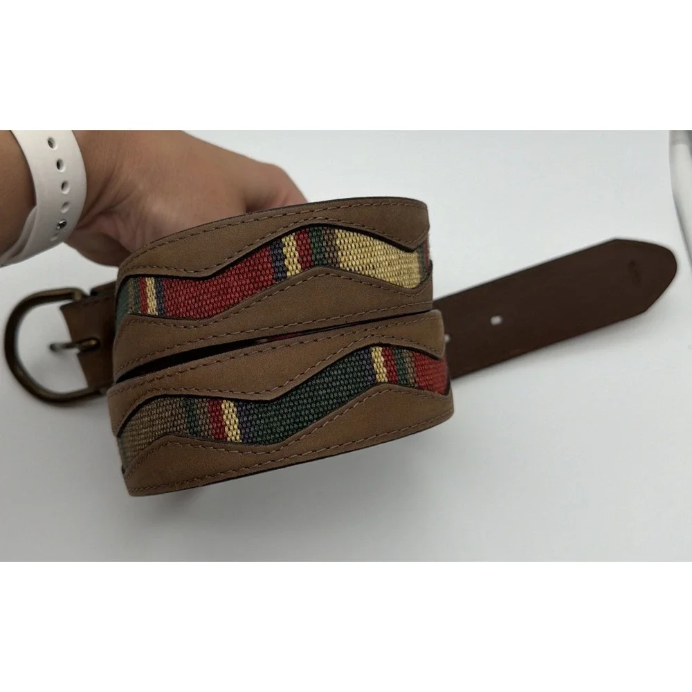 Vintage Leather Trim Belt Colorful Canvas 34